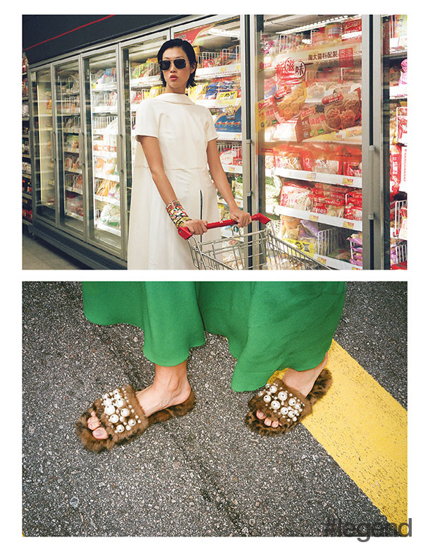 Dress _ Rosetta Getty at Net-A-Porter | Jeans _ Xu Zhi at Lane Crawford | Bracelets _ Hermès | Sunglasses _ Saint Laurent